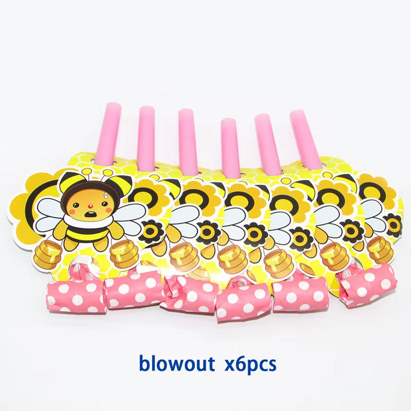 6Pcs Cartoon Bumble Bee Party Disposable Tableware Cups Plates Hats Straw Birthday Party Decorations Kids for 6 Person