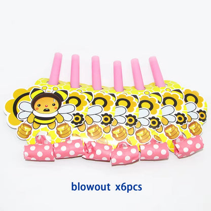 6Pcs Cartoon Bumble Bee Party Disposable Tableware Cups Plates Hats Straw Birthday Party Decorations Kids for 6 Person