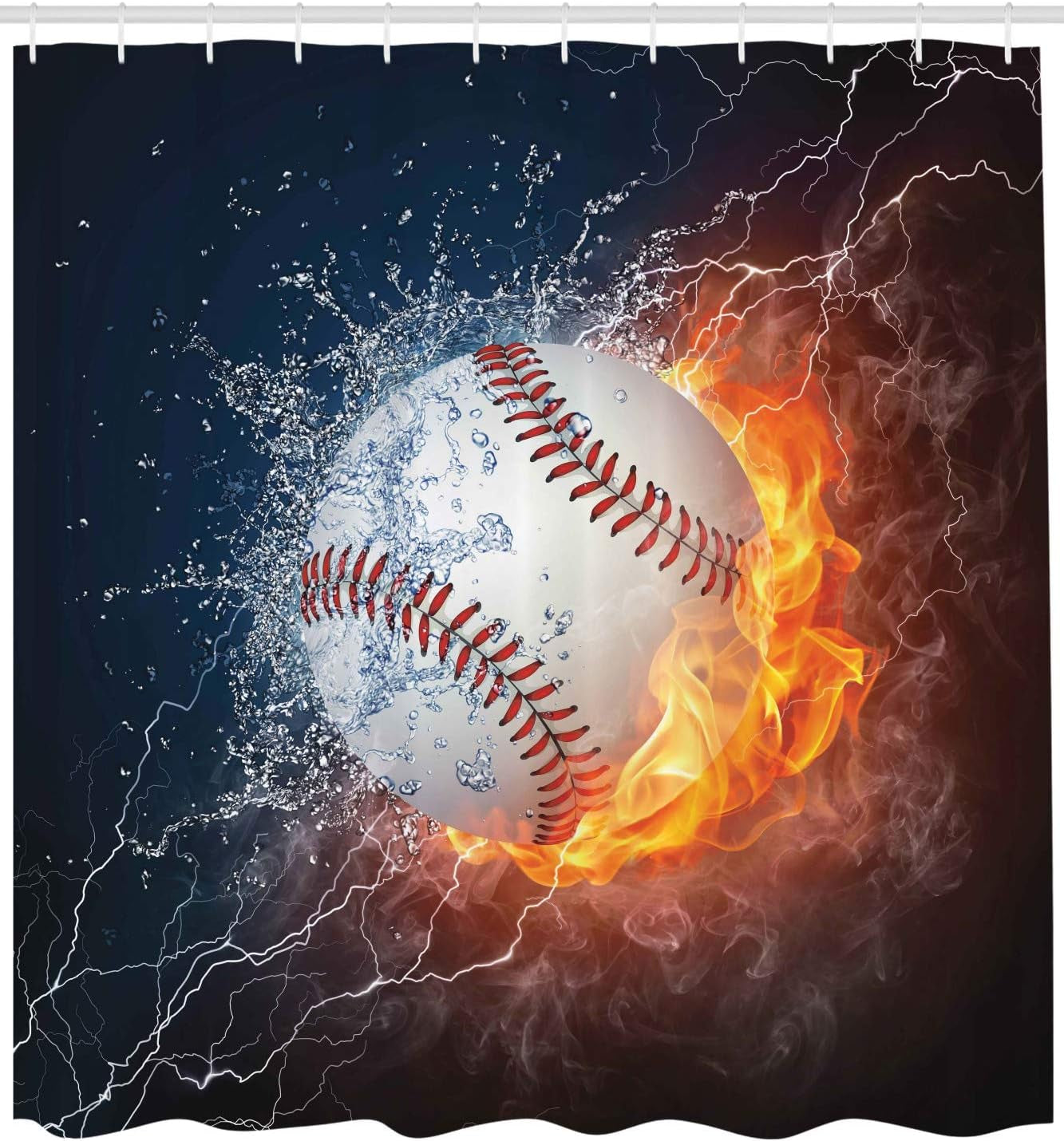 Sports Shower Curtain, Baseball Ball and Water Splashing Thunder Creative Art Themed Print, Cloth Fabric Bathroom Decor Set with Hooks, 69" W X 70" L, Blue and Burgundy