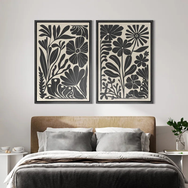 Abstract Botanical " Unique Black and White Floral Modern Boho Framed Canvas Print 2 Pieces Wall Art