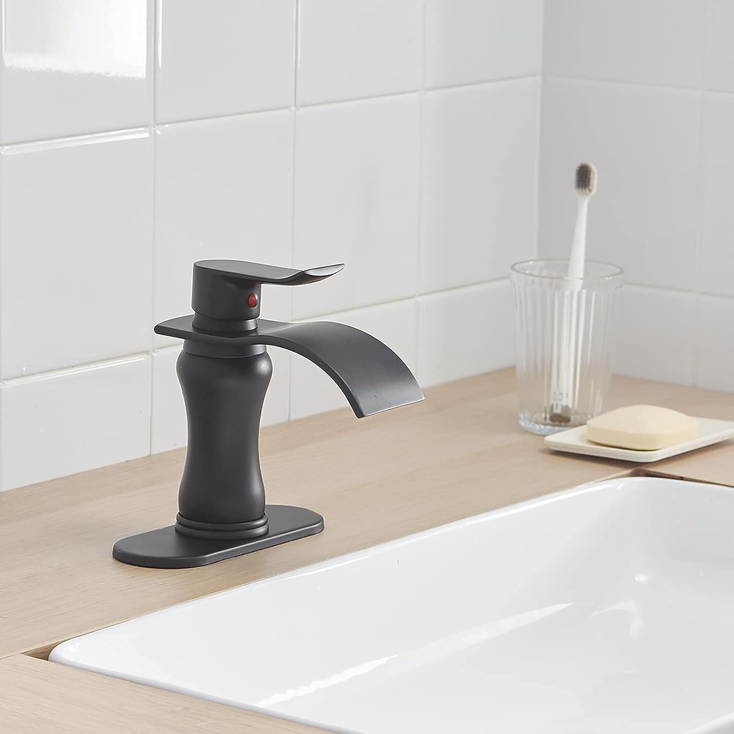 Black Bathroom Faucet Waterfall Sink Bath Faucets Parts Flat Spout Pop up Drain Stopper Matte Black Farmhouse Vanity Commercial Single Handle Single Hole Lavatory Supply Hose Lead-Free by