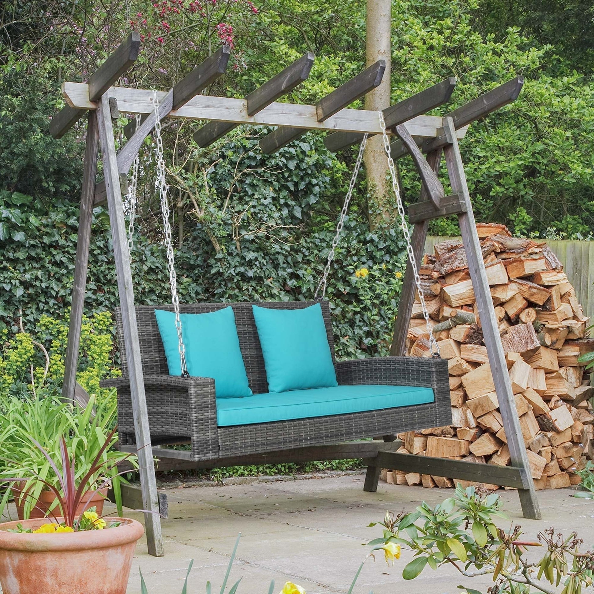 Fashion 2-Person Patio Hanging Porch Swing Rattan 800LBS Swing Bench W/ Turquoise Cushions