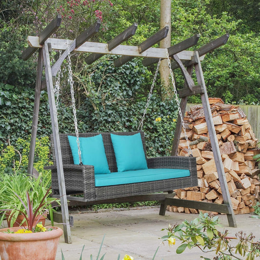 Fashion 2-Person Patio Hanging Porch Swing Rattan 800LBS Swing Bench W/ Turquoise Cushions