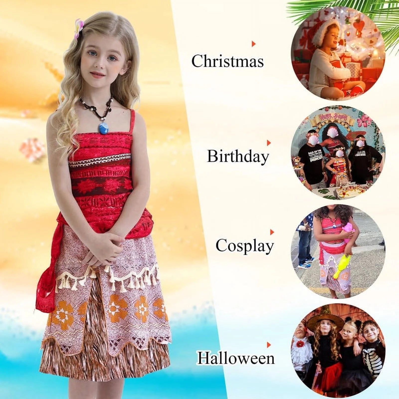 Princess Moana Costume for Girls Adventure Outfit Two-Pieces Crop Top Skirt Set Birthday Party Clothes