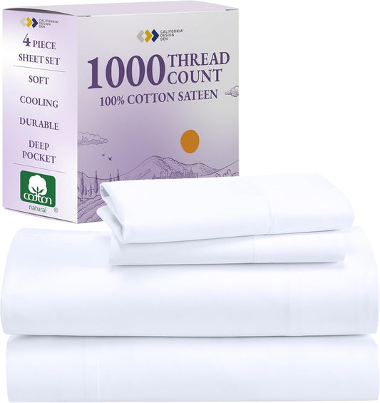 1000 Thread Count Queen Size Sheet Set, Winner Architectural Digest Best Sheet, Luxury 100% Cotton Sateen Bed Sheets, Softer than Egyptian Cotton (White)
