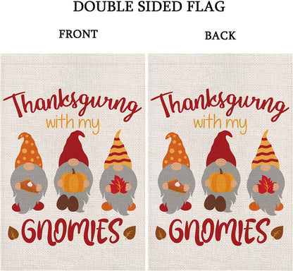 Thanksgiving Garden Flags for Outside,Fall Thankful Gnomes with Pumpkins Yard Flags,Small Seasonal Garden Decor for Rustic Farmhouse Lawn Outdoor Outside,12X18 Inch Double Sided
