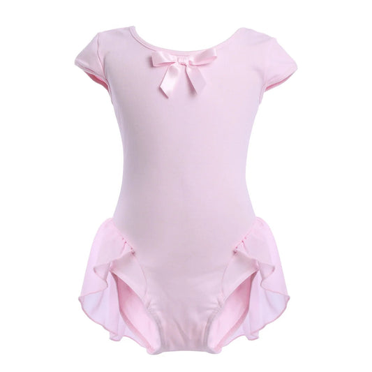 Kid Girls Short Cap Sleeve Ballet Dance Dress Bowknot Chiffon Tutu Skirted Leotard Ballerina Dancewear Gymnastics Costume 2-3 Years Pink