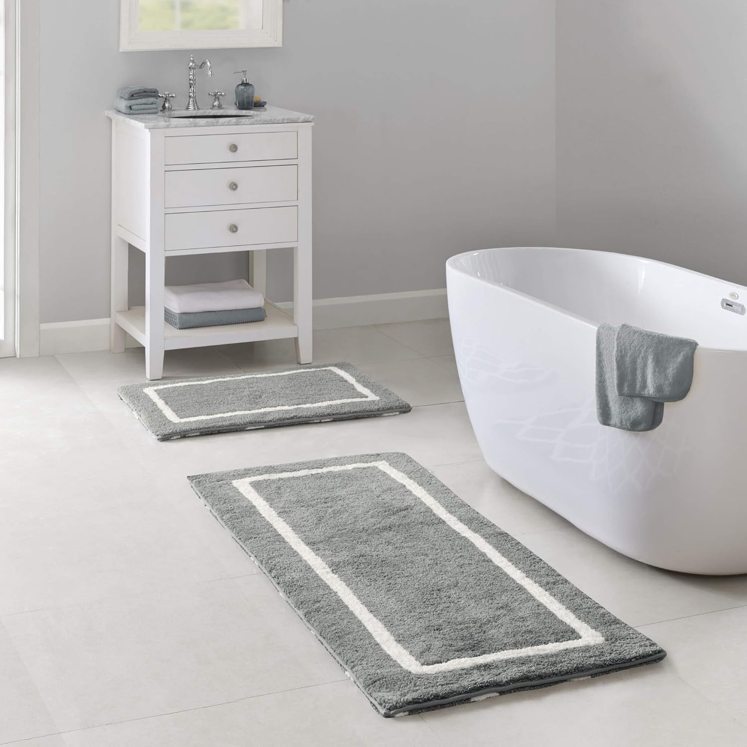 Bittman Reversible Bathroom Rug - High Pile Luxrurious Tufted Plush Bath Mat Absorbent, Quick Dry, Geometric Design Shower Room Décor, 24X60, Grey