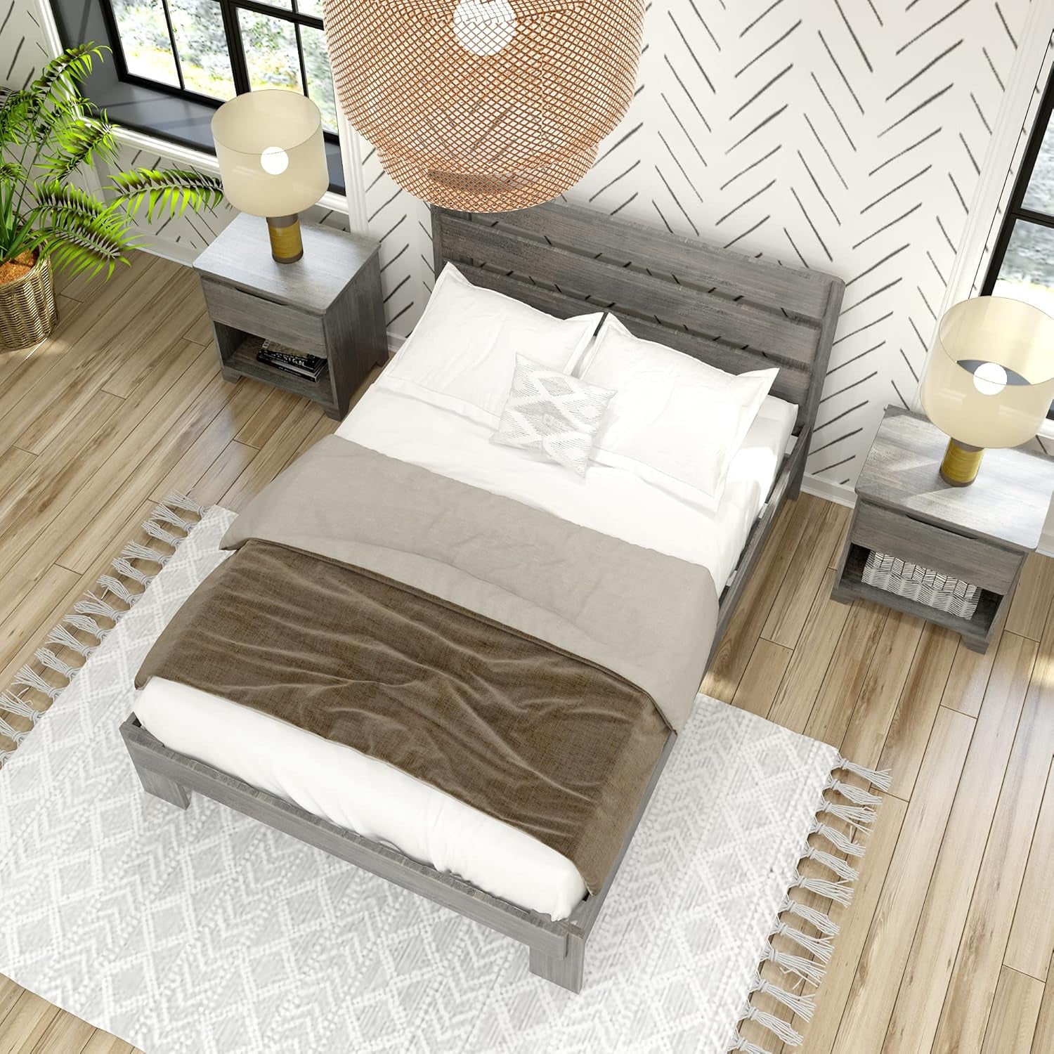 Modern Farmhouse Platform Bed with Plank Headboard, Full, Driftwood