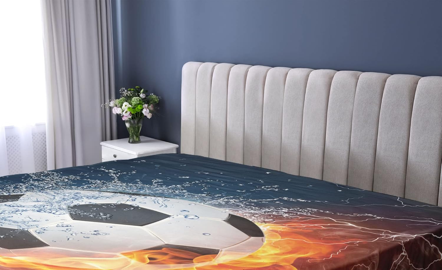 Sports Fitted Sheet, Soccer Ball and Water Splashing Thunder Strike Abstract Concept Art Design, Bed Cover with All-Round Elastic Deep Pocket for Comfort, Twin Size, Navy Grey