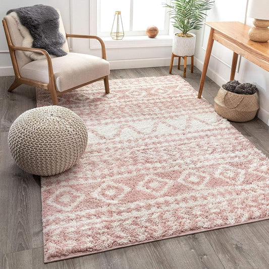 Madison Shag Cossima Tribal Diamond Stripes Shag Blush Pink 2'3" X 7'3" Runner Rug