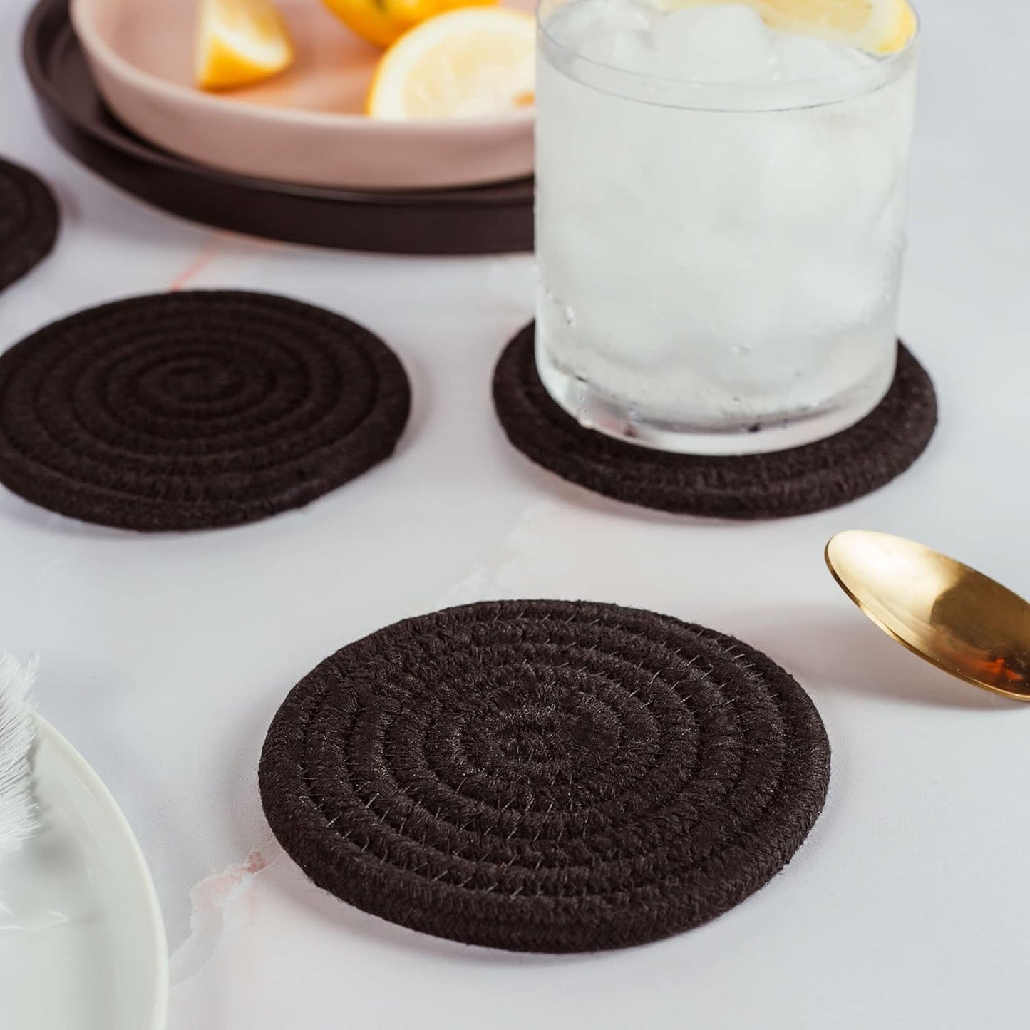 Set of 6 Black Coasters 4.3", Farmhouse Woven Coasters for Coffee Table, Absorbent Coasters for Drinks, Cute Aesthetic Boho Coasters, Rustic Desk Coasters, Moisture Absorbing Coasters