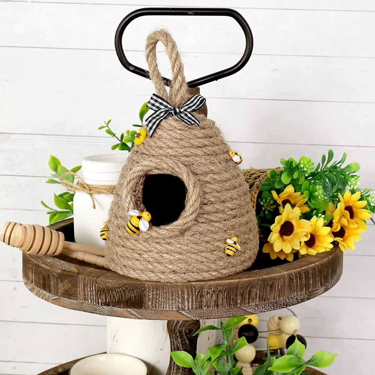 Beehive Decor Jute Hanging Bee Tiered Tray Decor Cute Handmade Honeycomb Decoration Bee Themed Party Ornament for Farmhouse Country Kitchen Bookshelf Garden