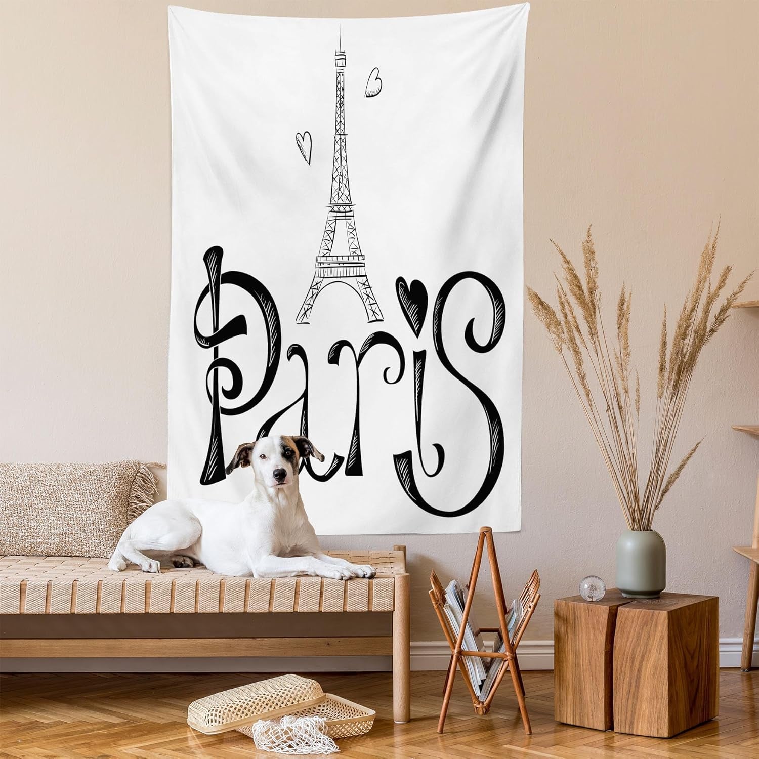Paris Tapestry, Illustration with Eiffel Tower France Heart Shapes Silhouette Vacation Theme Art, Wall Hanging for Bedroom Living Room Dorm Decor, 40" X 60", White and Black