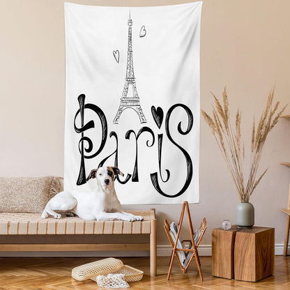 Paris Tapestry, Illustration with Eiffel Tower France Heart Shapes Silhouette Vacation Theme Art, Wall Hanging for Bedroom Living Room Dorm Decor, 40" X 60", White and Black