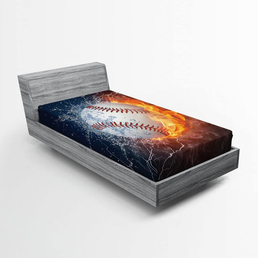 Sports Fitted Sheet, Baseball Ball and Water Splashing Thunder Creative Art Themed Print, Bed Cover with All-Round Elastic Deep Pocket for Comfort, Twin Size, Dark Blue and Burgundy