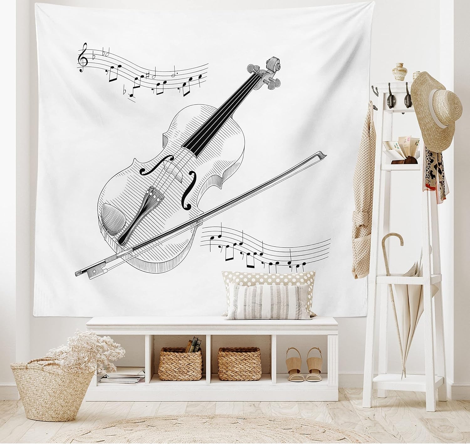 Violin Tapestry, Symphony Classical High Art Music Instrument Performing Cello Orchestra Print, Fabric Wall Hanging Decor for Bedroom Living Room Dorm, 45" X 30", Black and White