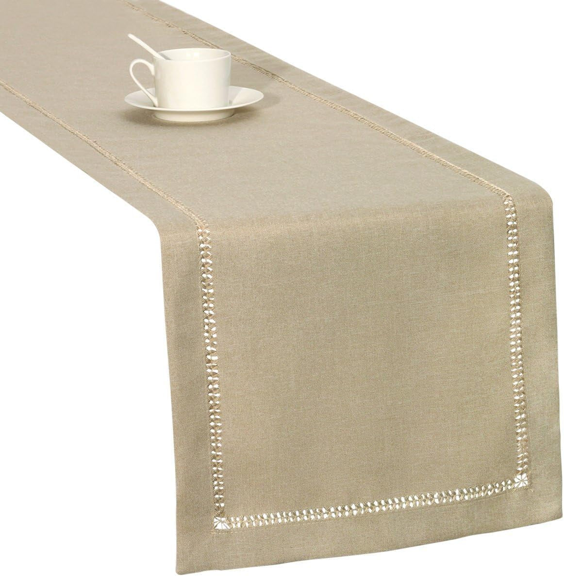Handmade Hemstitched Polyester Rectangle Table Runners,Beige 14X48 Inch