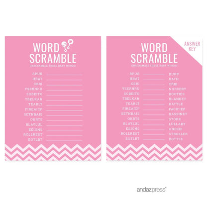 Word Scramble Bubblegum Pink Chevron Baby Shower Games, 20-Pack