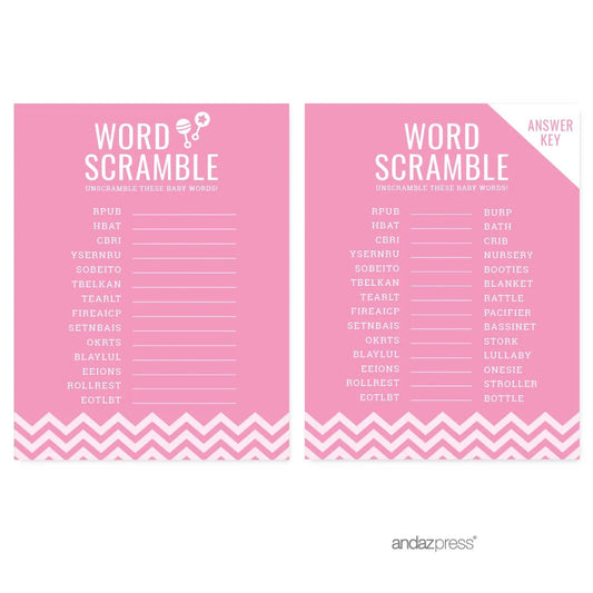 Word Scramble Bubblegum Pink Chevron Baby Shower Games, 20-Pack
