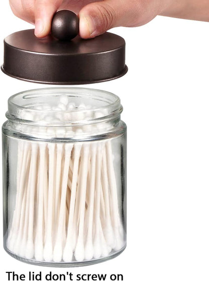 4Pc Apothecary Jars Bathroom Vanity Storage Organizer Set -Countertop Canister with Stainless Steel Lids &Cute Stickers - Qtip Dispenser Holder for Qtips,Cotton Swabs,Makeup Sponges (Bronze)
