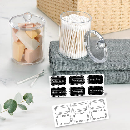 Bathroom Vanity Storage Organizer Canister Holder Apothecary Jars Set for Qtips,Cotton Balls,Swabs,Rounds,Makeup Sponges,Bath Salts,Premium Plastic Acrylic, Clear | 12Oz.And 15Oz.