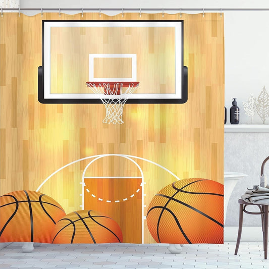 Sports Shower Curtain, Vivid Basketball Court Balls and Hoop Madness Rim Court Parquet Hardwood, Cloth Fabric Bathroom Decor Set with Hooks, 69" W X 75" L, White Orange