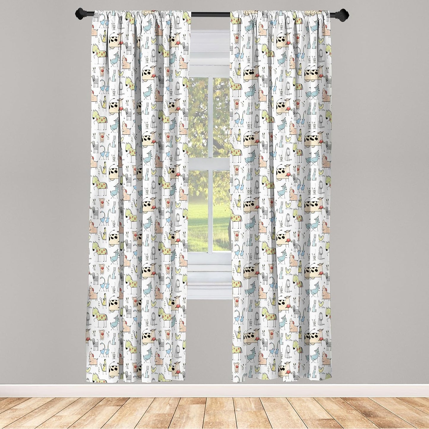 Animal Curtains, Cow Horse Pigs Chicken Sheep Farmhouse Mascots Cartoon Print, Window Treatments 2 Panel Set for Living Room Bedroom, Pair of - 28" X 63", Black