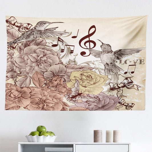 Hummingbirds Tapestry, Flourishes and Birds Butterfly Rose Blossoms Leaves Nostalgia Classic, Fabric Wall Hanging Decor for Bedroom Living Room Dorm, 45" X 30", Brown Cream Yellow