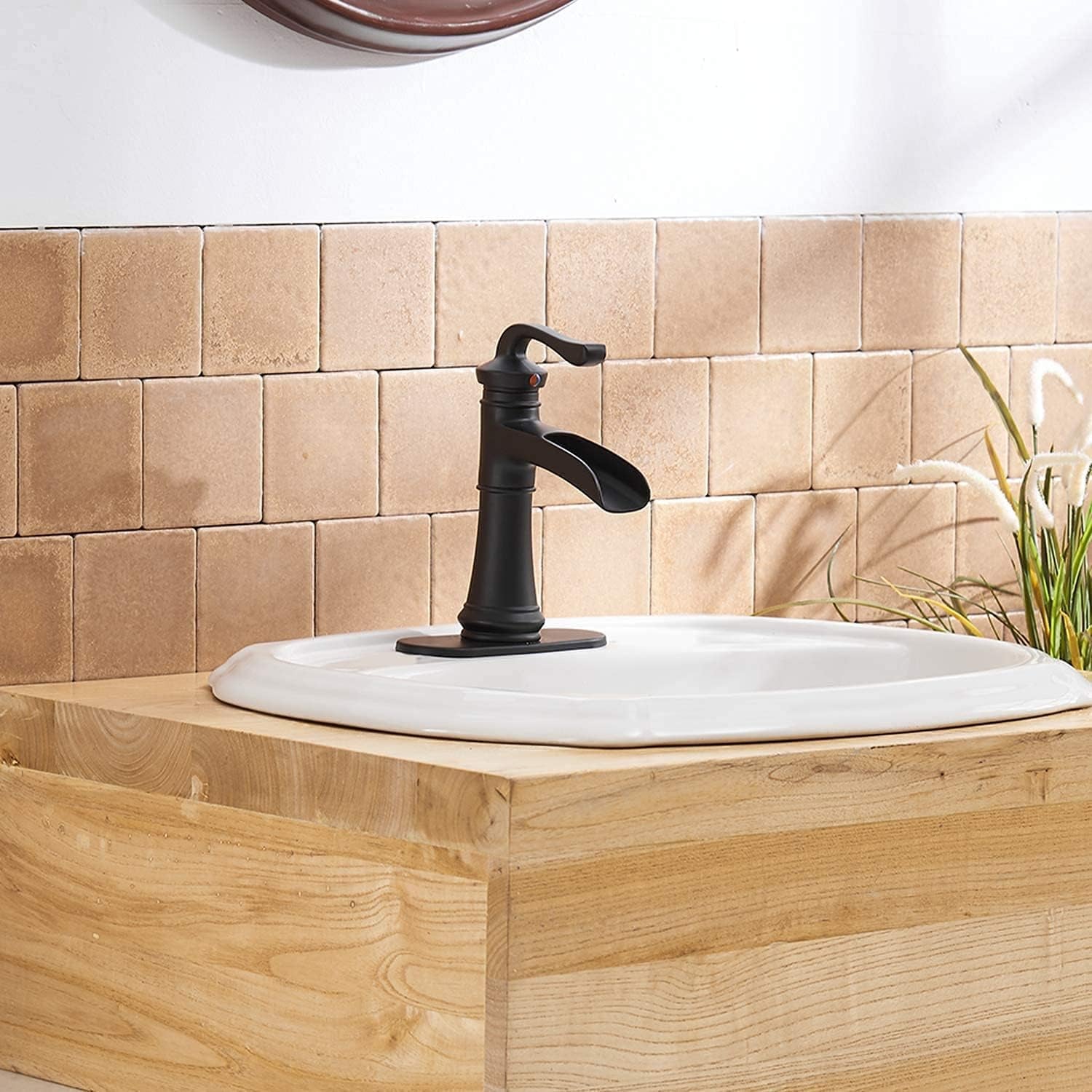Matte Black Bathroom Faucet Waterfall Sink Faucets & Parts with Drain Stopper, Solid Brass Construction, Easy Installation, Lead-Free