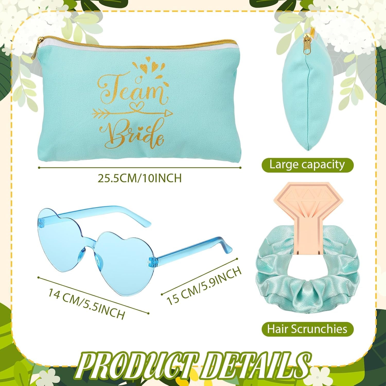 27 Pcs Bridesmaid Proposal Gift Bride Cosmetic Makeup Bags Bridal Hair Scrunchies Ties Heart Shape Sunglasses for Wedding Bachelorette Party Favor(Green, White)