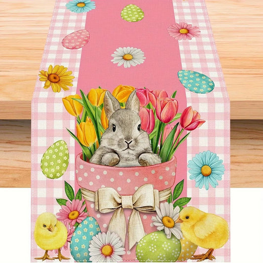 Easter Rabbit Colorful Eggs Flowers Green Plaid Linen Table Runners Washable Kitchen Dining Table Runners Wedding Decorations