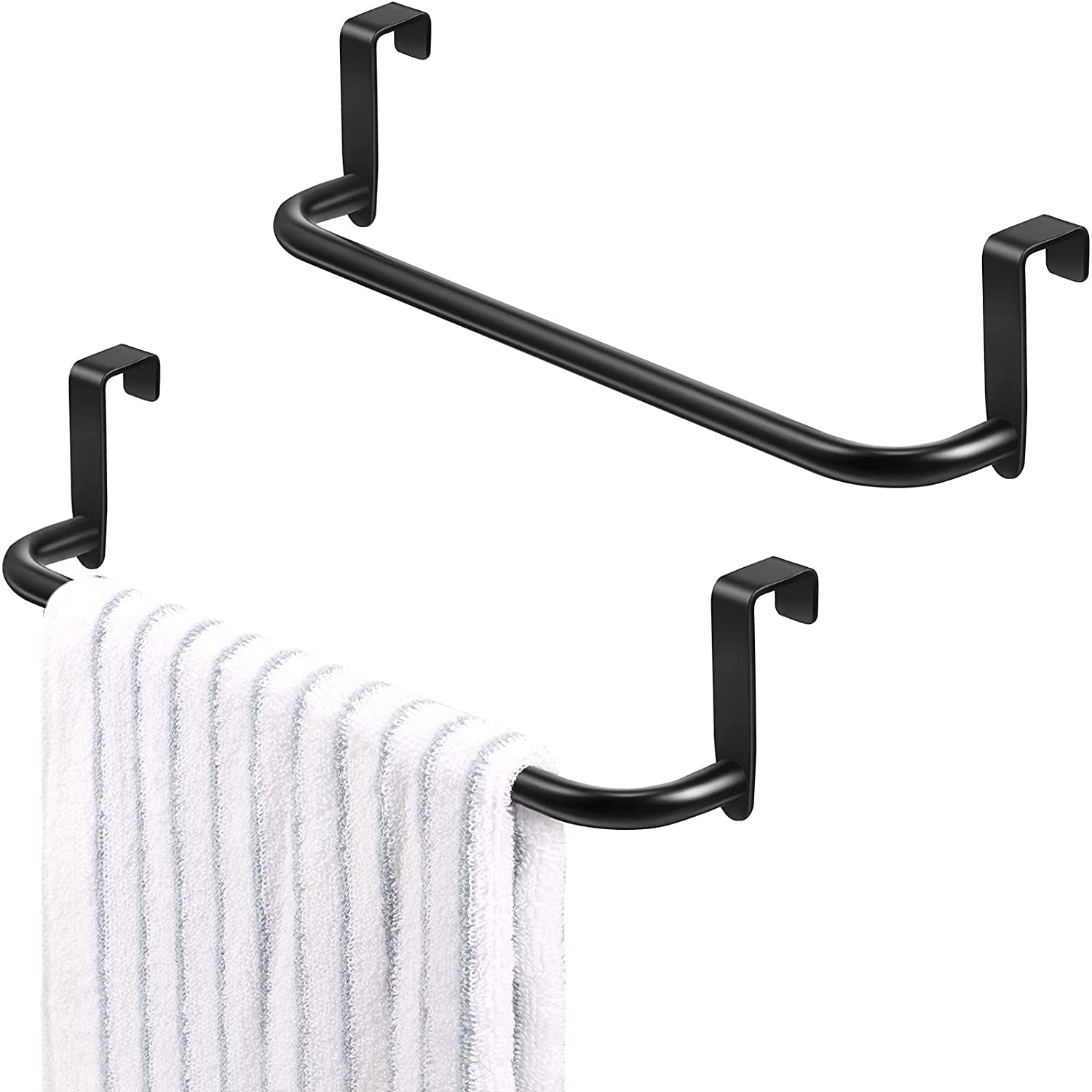 2 Pieces Metal Towel Bar Kitchen Cabinet Towel Rack Strong Steel Towel Bar Rack for Hanging on inside or outside of Doors, Home Kitchen Bathroom, Hand Towels, Dish Towels and Tea Towels (Black)