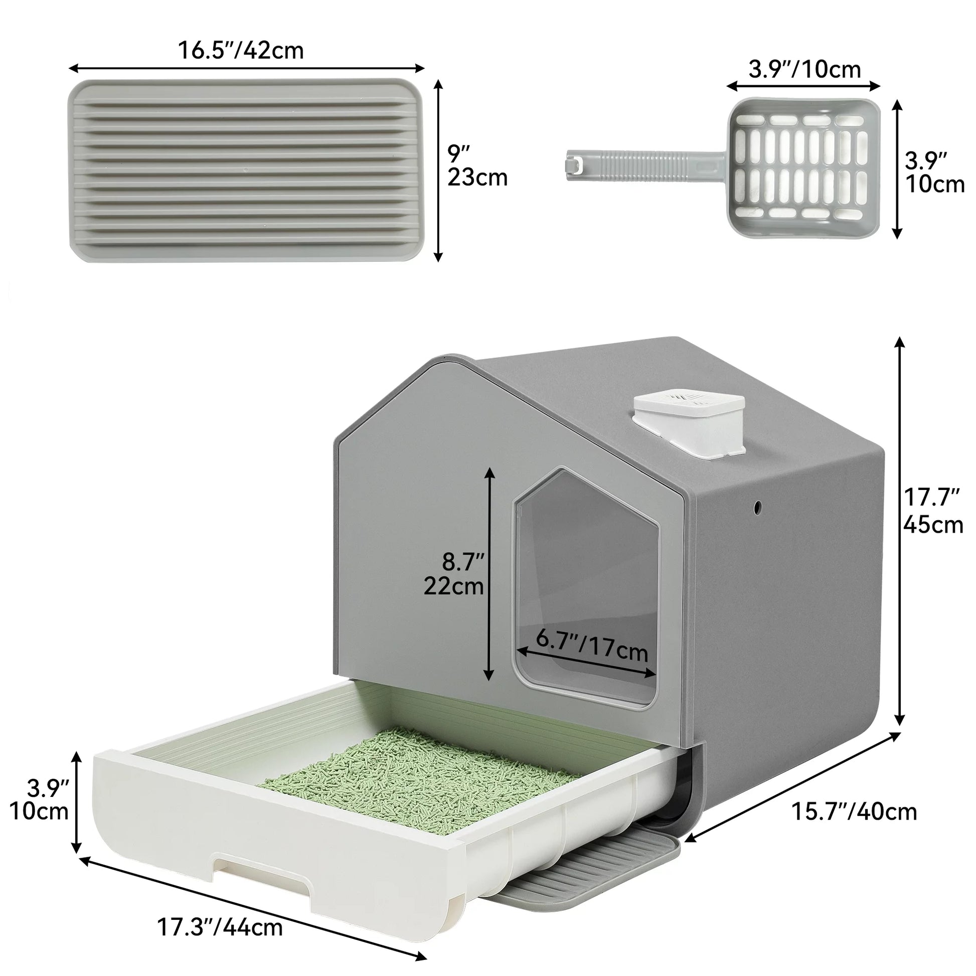Extra Large Enclosed Cat Litter Box with Mat and Scoop,Odor-Free Enclosed Hooded Large Cat Toilet, No Assembly Required and Easy Cleaning,Gray