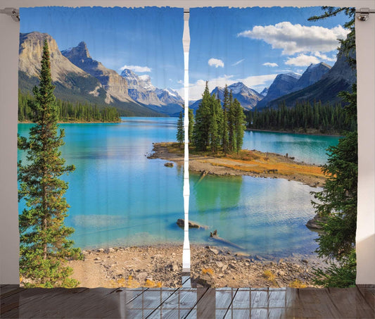 Landscape Curtains, Maligne Lake in Jasper Natioanal Park Alberta Canada Summer Day Outdoor Picture, Living Room Bedroom Window Drapes 2 Panel Set, 108" X 96", Green Blue