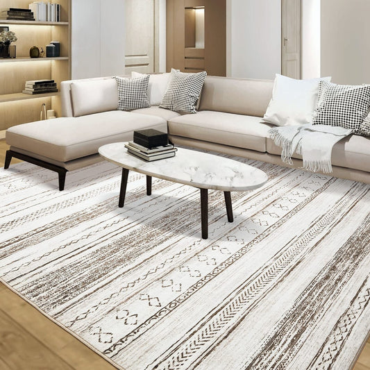 Area Rug Living Room Rugs - 9X12 Washable Large Soft Neutral Boho Moroccan Bo...