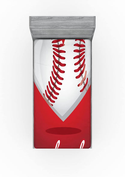 Sports Fitted Sheet, Love for Baseball Theme Heart Shaped Exercise National Sport Athletic Leisure Joy, Bed Cover with All-Round Elastic Deep Pocket for Comfort, Twin Size, Red White