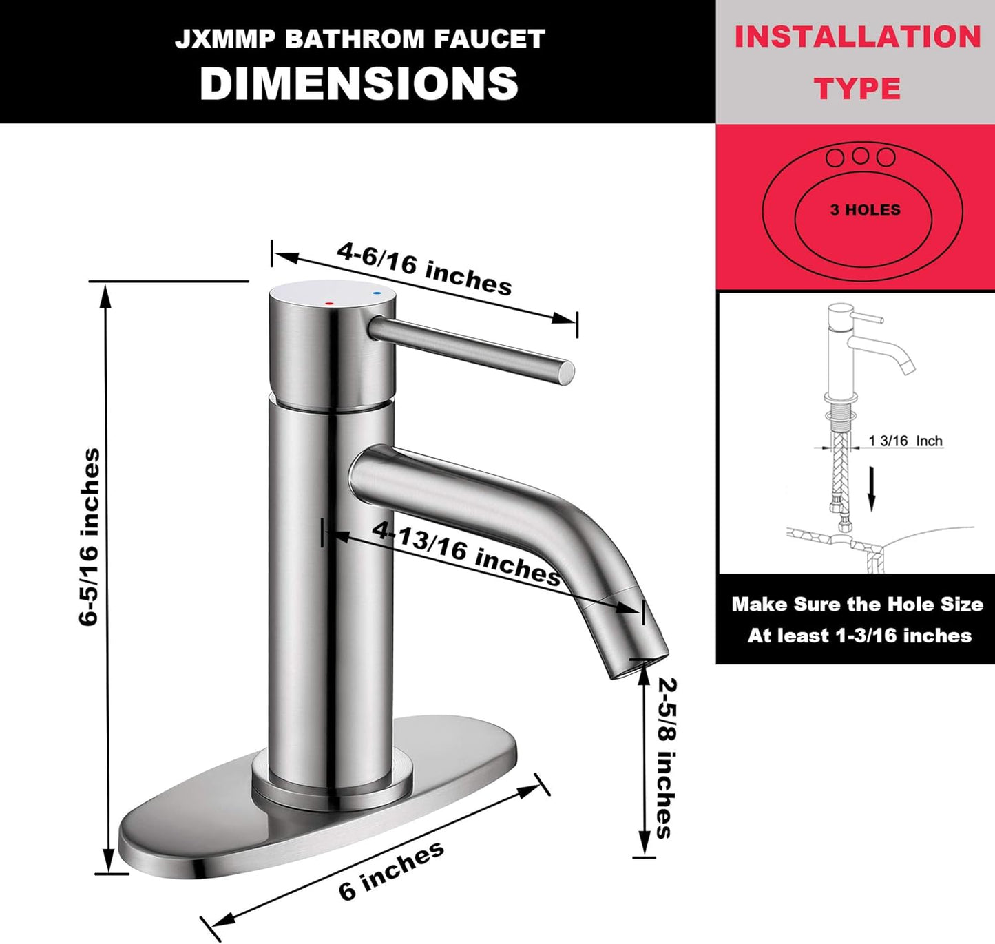 Brushed Nickel Single Hole Bathroom Faucets Single Handle,  Brushed Bathroom Vanity Sink Faucet with Pop up Drain Assembly and 6 Inch Deck Plate