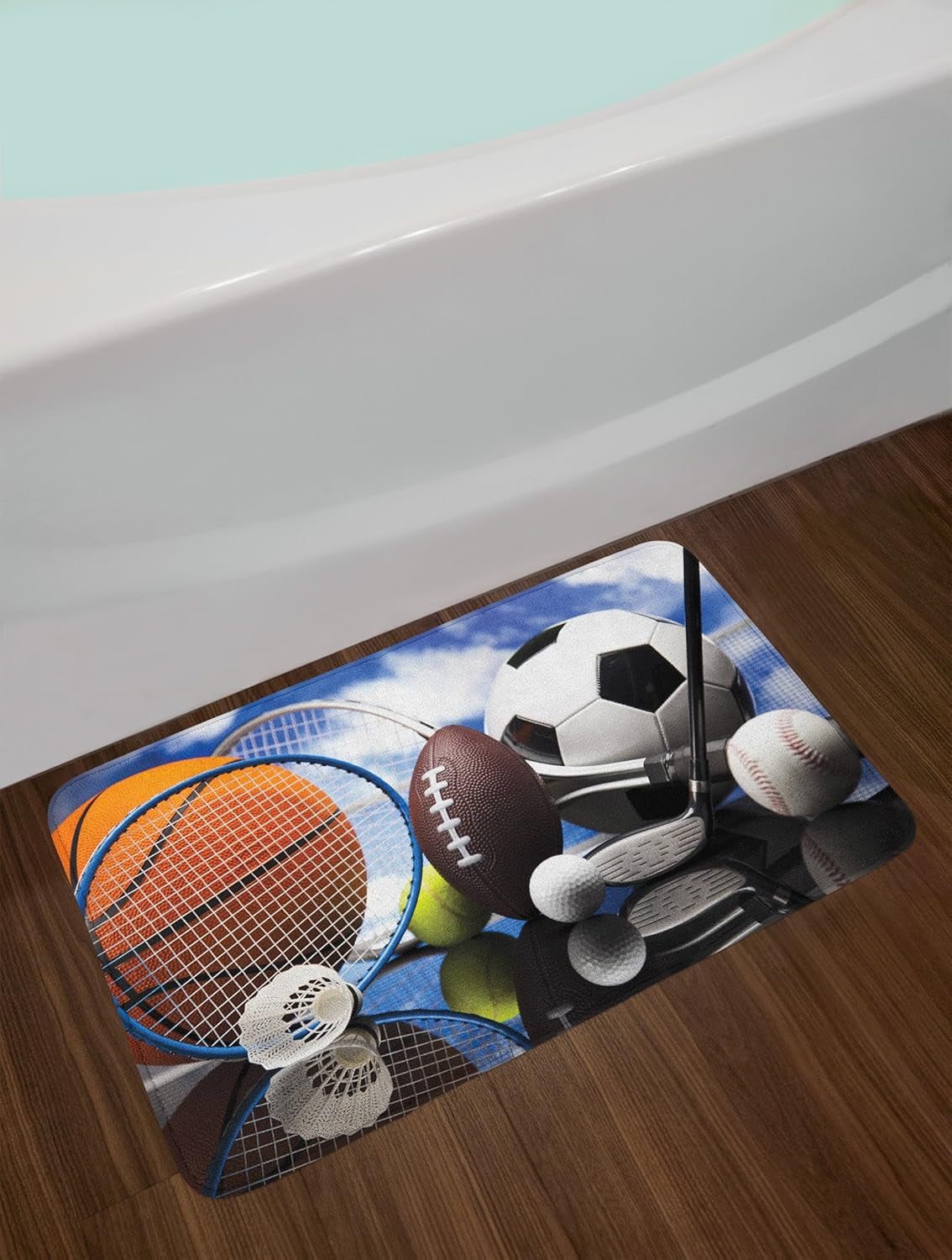 Sports Bath Mat, Sports Equipment Football Soccer Darts Ice Hockey Baseball Basketball Theme, Plush Bathroom Decor Mat with Non Slip Backing, 30.2" X 20", Black Orange Blue