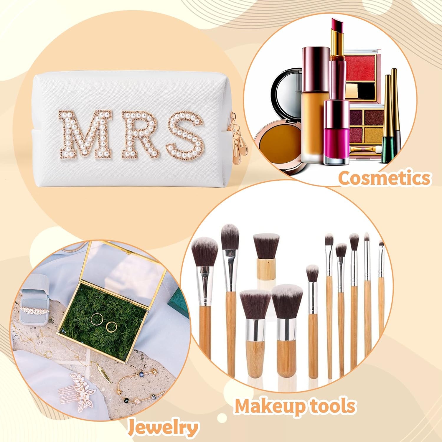 Gold MRS Letter Patch Cosmetic Toiletry Bag Pearl Rhinestone Varsity, PU Leather Bride Makeup Bag Waterproof Portable Zipper Small Clutch Purse Travel Organizer for Women Girls