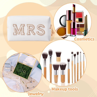 Gold MRS Letter Patch Cosmetic Toiletry Bag Pearl Rhinestone Varsity, PU Leather Bride Makeup Bag Waterproof Portable Zipper Small Clutch Purse Travel Organizer for Women Girls