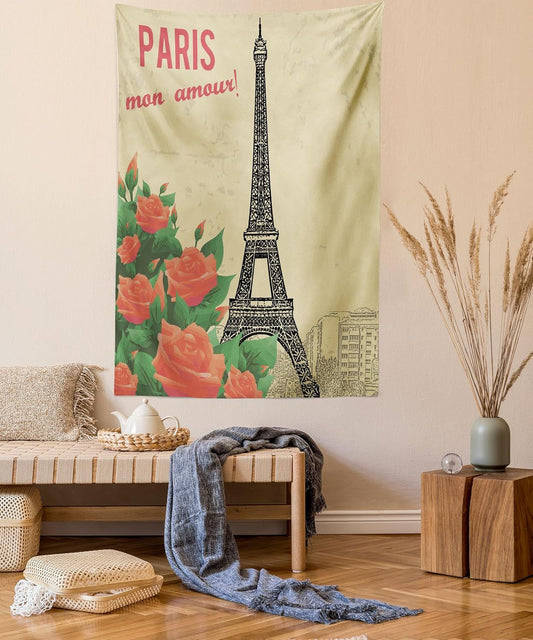 Paris Tapestry, Vintage Style Paris Illustration with Nostalgic Roses and Eiffel Mon Amour My Love, Wall Hanging for Bedroom Living Room Dorm Decor, 40" X 60", Tan Green