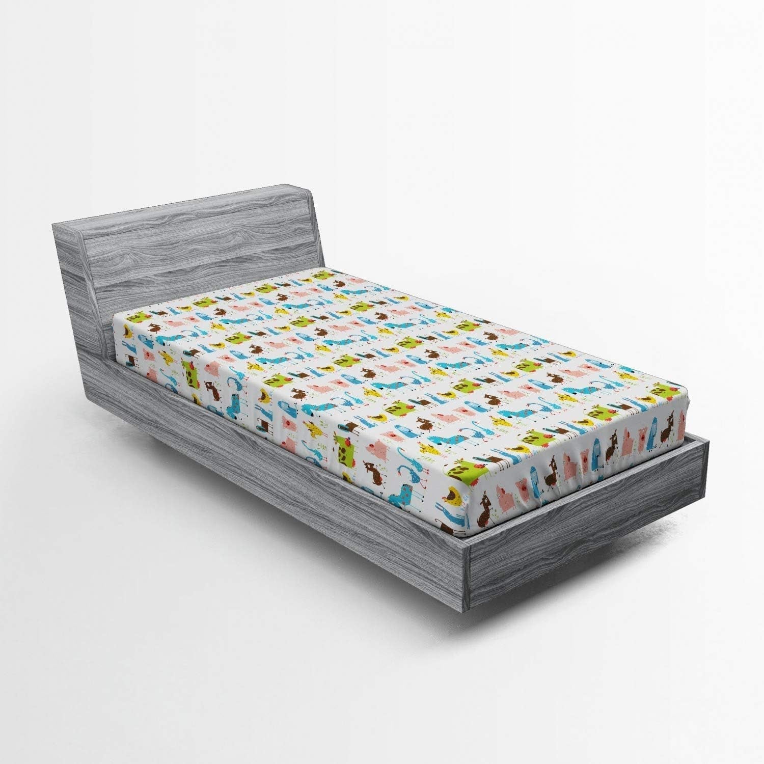 Animal Fitted Sheet, Domestic Farm Animals Horse Pig Cow Sheep and Hen Agriculture Cartoon Doodle Design, Soft Decorative Fabric Bedding All-Round Elastic Pocket, Twin Size, Blue Green