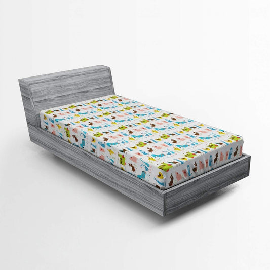 Animal Fitted Sheet, Domestic Farm Animals Horse Pig Cow Sheep and Hen Agriculture Cartoon Doodle Design, Soft Decorative Fabric Bedding All-Round Elastic Pocket, Twin Size, Blue Green
