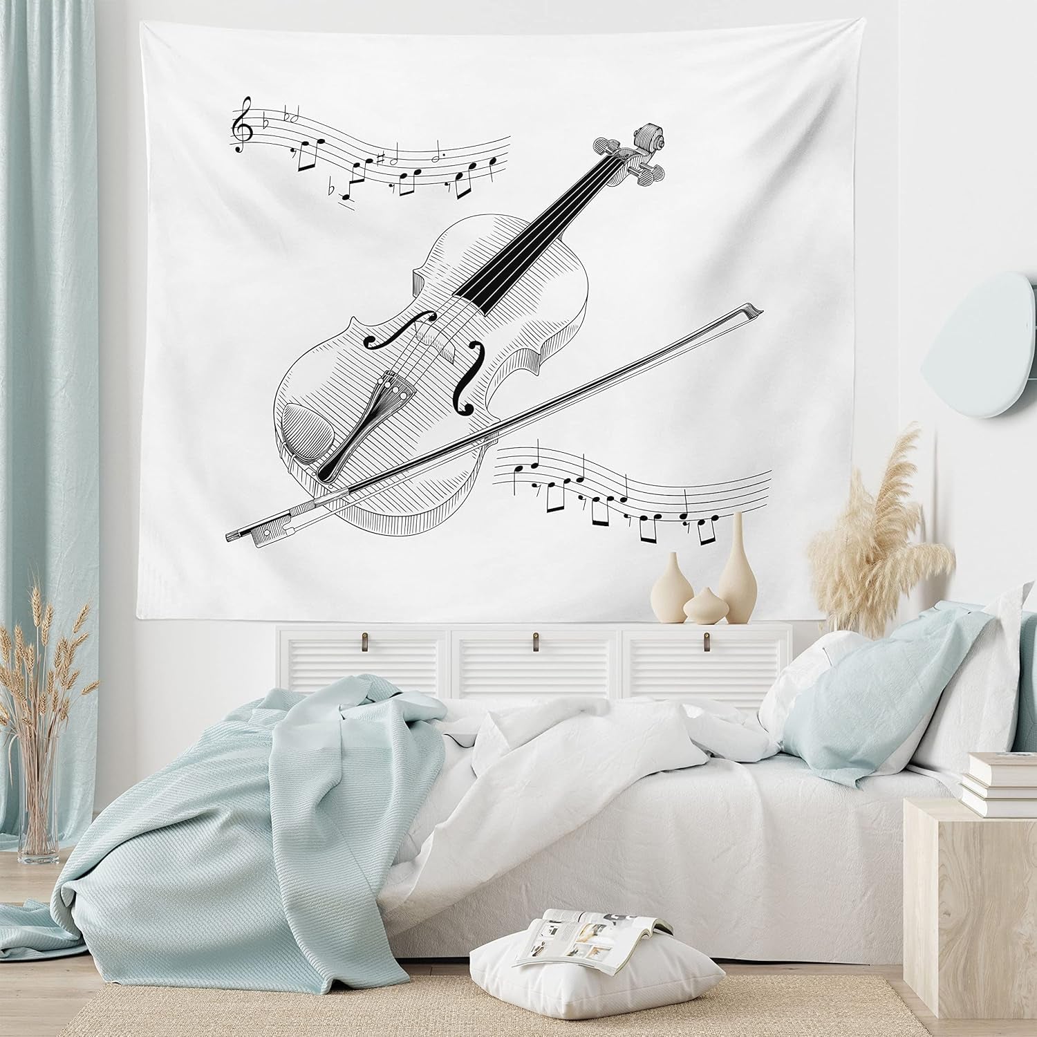 Violin Tapestry, Symphony Classical High Art Music Instrument Performing Cello Orchestra Print, Fabric Wall Hanging Decor for Bedroom Living Room Dorm, 45" X 30", Black and White