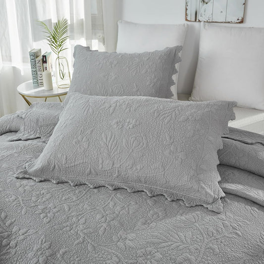 Quilted Pillow Shams Set of 2 Standard Size Cotton Grey Farmhouse Bedding Shabby Luxury Vintage Pillow Covers for Queen Full Size Bed