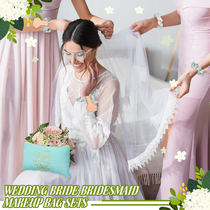 27 Pcs Bridesmaid Proposal Gift Bride Cosmetic Makeup Bags Bridal Hair Scrunchies Ties Heart Shape Sunglasses for Wedding Bachelorette Party Favor(Green, White)