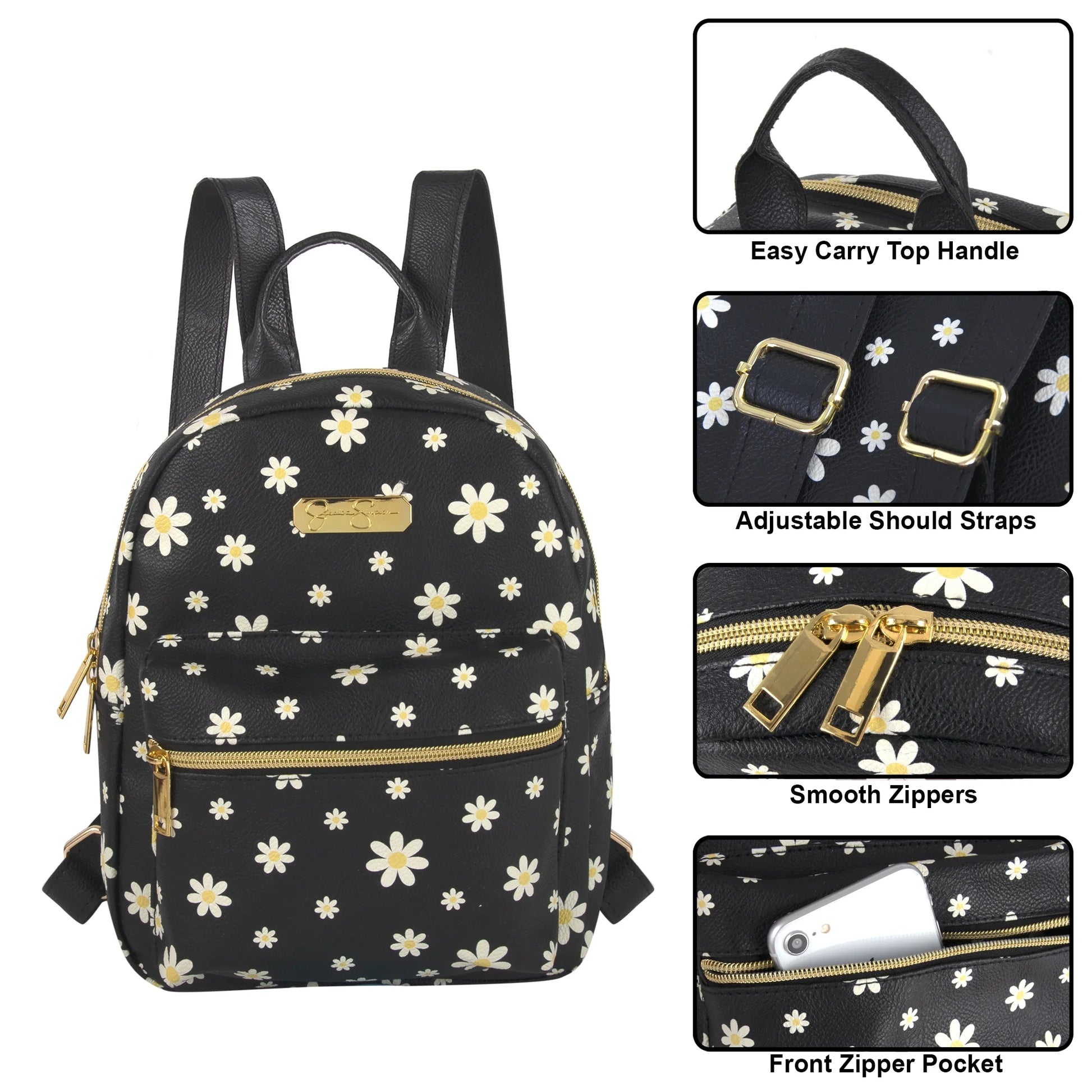 Mini Waterproof Vegan Leather Backpack for Women, Teens and Girls for Work, School, Recreation, Commuting & Traveling in Black Flowers