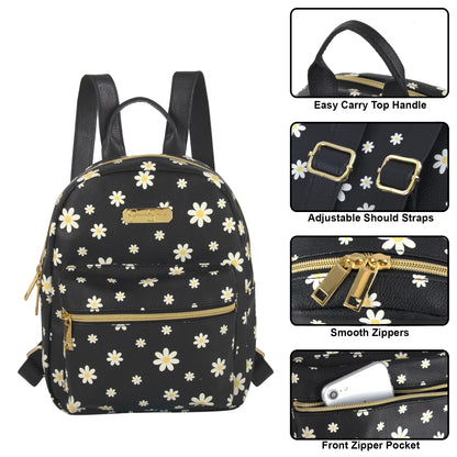 Mini Waterproof Vegan Leather Backpack for Women, Teens and Girls for Work, School, Recreation, Commuting & Traveling in Black Flowers