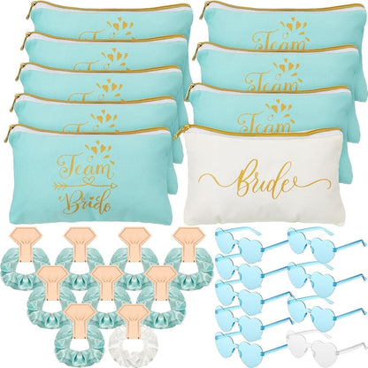27 Pcs Bridesmaid Proposal Gift Bride Cosmetic Makeup Bags Bridal Hair Scrunchies Ties Heart Shape Sunglasses for Wedding Bachelorette Party Favor(Green, White)